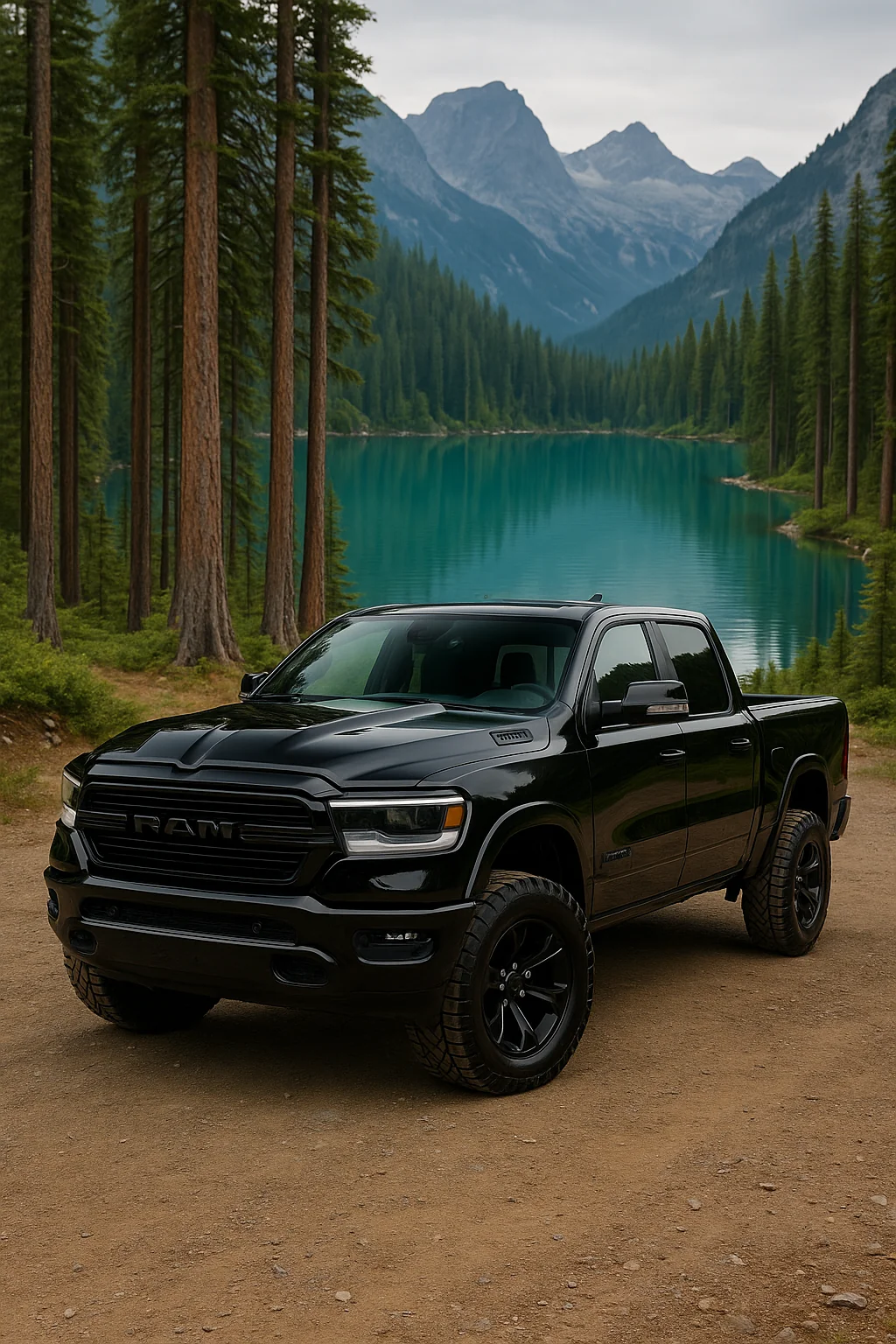 RAM truck by a turquoise lake with mountains