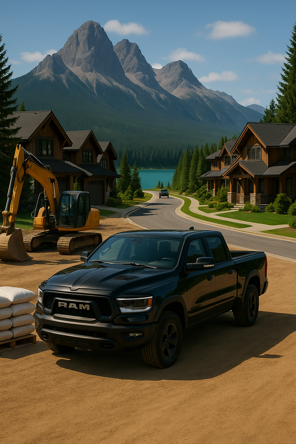 Black RAM 1500 Rebel near turquoise lake with luxury homes and mountain backdrop